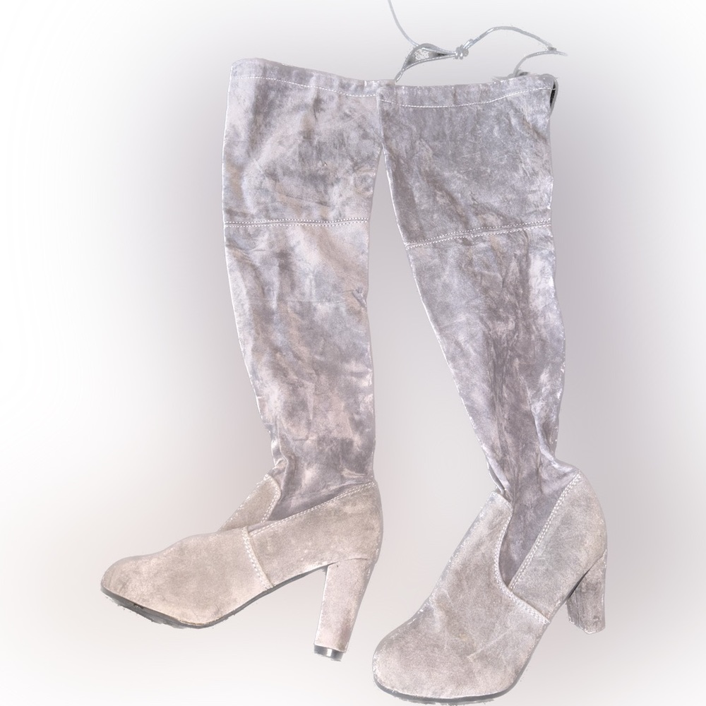 Light grey thigh high shoe lace tie back chunky heel boot